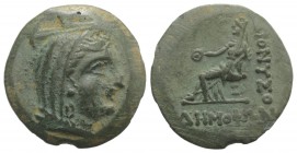 Moesia Inferior, Dionysopolis, 3rd-1st centuries BC. Æ (23mm, 7.60g, 12h). Demophon, magistrate. Veiled and turreted bust of Demeter r. R/ Tyche seate...