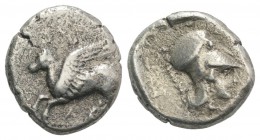 Akarnania, Leukas, c. 350-320 BC. AR Stater (20mm, 8.31g, 1h). Pegasos flying l. R/ Helmeted head of Athena r. Cf. Pegasi 91. Good Fine