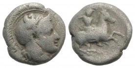 Thessaly, Pharsalos, late 5th-mid 4th century BC. AR Drachm (16.5mm, 5.66g, 6h). Helmeted head of Athena r. R/ Warrior on horseback rearing r., wearin...