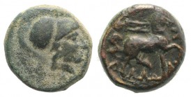 Thessaly, Thessalian League, 120-50 BC. Æ Dichalkon (15mm, 5.31g, 1h). Helmeted head of Athena r. R/ Horse trotting r. Cf. BCD Thessaly II 840. VF