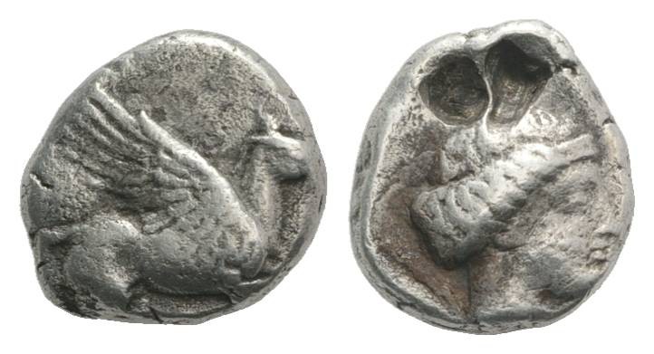 Corinth(?), c. 350-300 BC. AR Drachm (11mm, 2.62g, 3h). Pegasos flying r. R/ Hea...