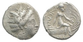 Euboia, Histiaia, 3rd-2nd centuries BC. AR Tetrobol (13mm, 2.30g, 6h). Wreathed head of the nymph Histiaia r. R/ Nymph seated r. on stern of galley; w...