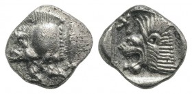 Mysia, Kyzikos, c. 450-400 BC. AR Obol (9mm, 0.84g, 12h). Forepart of boar l.; to r., tunny upward. R/ Head of lion l. within incuse square; K above. ...