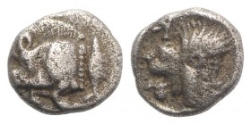 Mysia, Kyzikos, c. 450-400 BC. AR Obol (8mm, 0.70g, 1h). Forepart of boar l.; to r., tunny upward. R/ Head of lion l. within incuse square; K above. S...