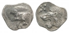 Mysia, Kyzikos, c. 450-400 BC. AR Hemiobol (8mm, 0.37g, 12h). Forepart of boar l.; tunny to r. R/ Head of lion l.; star to l.; all within incuse squar...