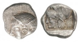 Mysia, Lampsakos, c. 500-450 BC. AR Diobol (9mm, 1.18g, 9h). Female janiform head. R/ Helmeted head of Athena l. within incuse square. SNG BnF 1126. N...
