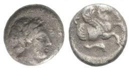 Mysia, Lampsakos, c. 4th century BC. AR Diobol (9mm, 1.17g, 11h). Laureate head of Apollo r. R/ Forepart of Pegasos r.; below, dolphin r. SNG Copenhag...