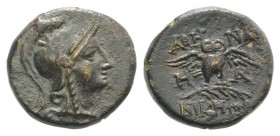 Mysia, Pergamon, c. 133-27 BC. Æ (15mm, 3.20g, 12h). Head of Athena r. wearing crested helmet decorated with star. R/ Owl with spread wings standing r...