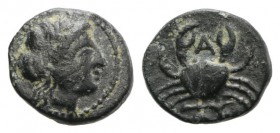 Mysia, Priapos, 1st century BC. Æ (10.5mm, 1.19g, 12h). Laureate head of Apollo r. R/ Crab; harpa below. SNG BnF –; SNG Copenhagen –; SNG von Aulock 7...