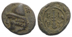 Troas, Birytis, c. 300 BC. Æ (17mm, 5.38g, 12h). Head of Kabeiros l., wearing pileos; two stars above. R/ Club within wreath. BMC 1; SNG Copenhagen 24...
