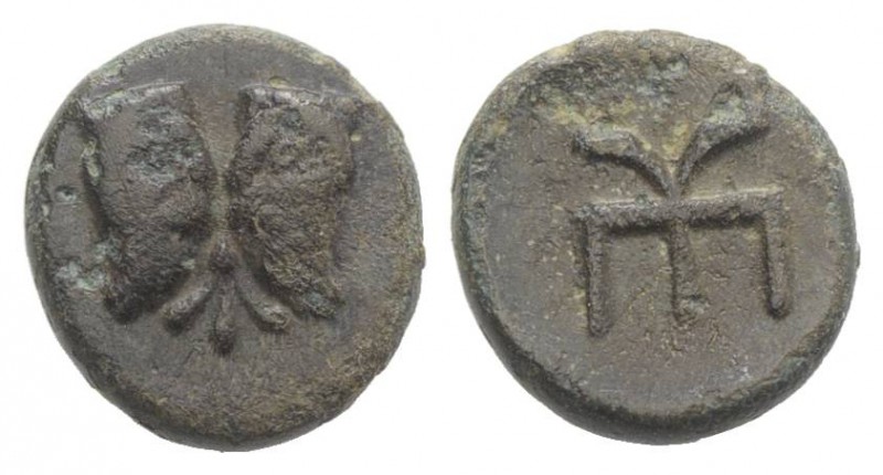 Troas, Kebren, c. 420-412 BC. Æ (8mm, 0.93g, 5h). Confronted ram’s heads. R/ KE ...