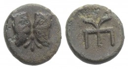 Troas, Kebren, c. 420-412 BC. Æ (8mm, 0.93g, 5h). Confronted ram’s heads. R/ KE monogram. SNG München 283; SNG Copenhagen 260. Green patina, VF