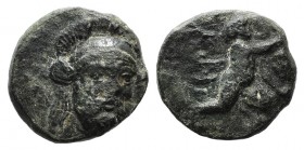Troas, Ophrynion, 4th century BC. Æ (11mm, 1.52g, 7h). Helmeted head of Hektor facing slightly r. R/ Infant Dionysos kneeling r., holding grape cluste...
