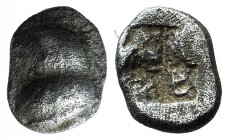 Aeolis, Kyme, c. 450-400 BC. AR Hemiobol (6mm, 0.25g). Eagle’s head l. R/ Incuse square. SNG von Aulock 1623. VF