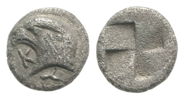 Aeolis, Kyme, c. 450-400 BC. AR Hemiobol (6.5mm, 0.50). Head of eagle l.; retrog...