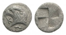 Aeolis, Kyme, c. 450-400 BC. AR Hemiobol (6.5mm, 0.50). Head of eagle l.; retrograde K to l. R/ Quadripartite incuse square. SNG von Aulock 1623. Poro...