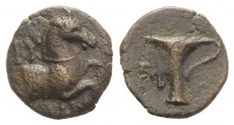 Aeolis, Kyme, c. 300-250 BC. Æ (13mm, 2.09g, 12h). Eubios, magistrate. Forepart of a horse r. R/ One-handled vase; monogram to l. SNG Copenhagen 76. B...