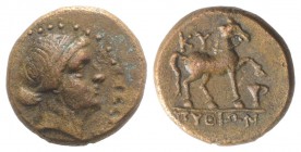 Aeolis, Kyme, c. 250-200 BC. Æ (19mm, 6.52g, 12h). Pythion, magistrate. Head of the Amazon Kyme r. R/ Horse stepping r.; one-handled vase to lower r. ...