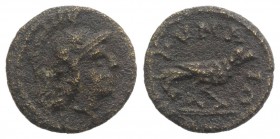 Aeolis, Kyme, 2nd century AD. Æ (11mm, 1.45g, 6h). Helmeted head of Athena. R/ Eagle standing r. RPC IV online 1773 (temporary); SNG Copenhagen 119. B...