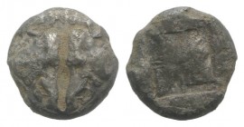 Lesbos, Unattributed early mint, c. 500-450 BC. BI Obol (8mm, 0.83g). Confronted boars’ heads; crescent above. R/ Four-part incuse square. Cf. HGC 6, ...