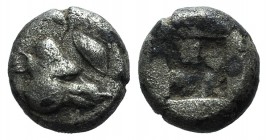 Lesbos, Unattributed early mint, c. 500-450 BC. BI Obol (7mm, 0.91g). Boar’s head r.; eye above. R/ Quadripartite incuse square. SNG Copenhagen 290; H...