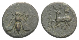 Ionia, Ephesos, c. 390-320/00 BC. Æ (14mm, 2.19g, 12h). Kallikrates, magistrate. Bee. R/ Stag kneeling l. Cf. SNG Copenhagen 247-253. Near VF