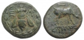 Ionia, Ephesos, c. 280-258 BC. Æ (15mm, 3.75g, 12h). Bee within wreath. R/ Stag grazing r.; quiver above. Cf. SNG Copenhagen 268-9. Green patina, abou...