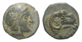 Ionia, Klazomenai, c. 4th-3rd century BC. Æ (9mm, 1.31g, 6h). Helmeted head of Athena r. R/ Head of ram r. Cf. SNG Copenhagen 33. Green patina, VF
