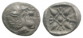 Ionia, Miletos, late 6th-early 5th century BC. AR Diobol (8mm, 1.01g). Forepart of a lion l., head r. R/ Stellate design within square incuse. SNG Kay...