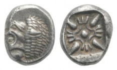 Ionia, Miletos, late 6th-early 5th century BC. AR Diobol (9mm, 1.23g). Forepart of a lion r., head l. R/ Stellate design within square incuse. SNG Kay...