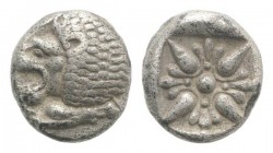 Ionia, Miletos, late 6th-early 5th century BC. AR Diobol (8mm, 1.06g). Forepart of a lion r., head l. R/ Stellate design within square incuse. SNG Kay...