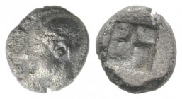 Ionia, Phokaia, c. 521-478 BC. AR Diobol (8mm, 1.31g). Archaic female head l. R/ Quadripartite incuse square. Klein 452-3. Porous, near VF