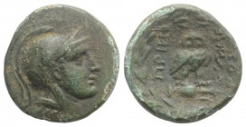 Ionia, Priene, c. 150-125 BC. Æ (19mm, 5.87g, 12h). Euemeros, magistrate. Helmeted head of Athena r. R/ Owl standing r. on amphora, all within wreath....