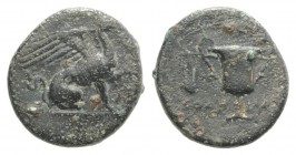 Ionia, Teos, c. 370-330 BC. Æ (13mm, 1.93g, 12h). Eudemos, magistrate. Griffin seated r., l. paw raised. R/ Kantharos; lyre to l. BMC 28. Green patina...