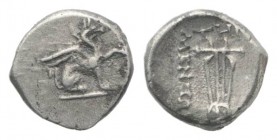 Ionia, Teos, c. 320-294 BC. AR Diobol (9mm, 0.91g, 12h). Alypion, magistrate. Griffin seated r., with forepaw raised. R/ Chelys (lyre). SNG Kayhan 612...