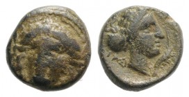 Caria, Iasos, c. 4th-3rd century BC. Æ (8mm, 1.19g, 9h). Laureate head of Apollo facing slightly l. R/ Head of nymph r., hair in sakkos; prawn to r. A...