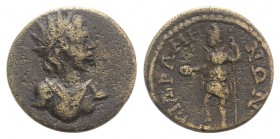 Caria, Kidramos. Pseudo-autonomous issue, c. 3rd century AD. Æ (20mm, 4.42g, 6h). Radiate bust of Helios r. R/ KIΔPAMHNΩN, Men standing l., foot on bu...