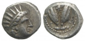 Islands of Caria, Rhodes, c. 275-250 BC. AR Diobol (8mm, 0.98g, 12h). Radiate head of Helios r. R/ Two rose buds; above, Artemis running r., holding t...