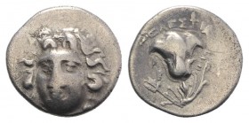 Islands of Caria, Rhodes, c. 275-250 BC. AR Drachm (15mm, 2.35g, 6h). Head of Helios facing slightly l. R/ Rose with bud to r. Cf. HGC 6, 1444. Near V...