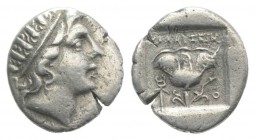 Islands of Caria, Rhodes, c. 170-150 BC. AR Drachm (14mm, 1.88g, 12h). Dexikrates(?), magistrate. Radiate head of Helios r. R/ Rose with bud to r.; wi...