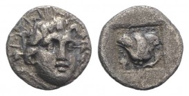 Islands of Caria, Rhodes, c. 170-150 BC. AR Hemidrachm (11mm, 1.21g, 12h). Uncertain magistrate. Radiate head of Helios facing slightly r. R/ Rose wit...
