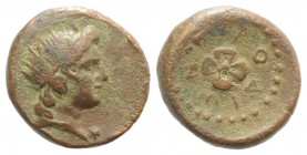 Islands of Caria, Rhodes, c. 40-25 BC. Æ (18mm, 4.98g). Radiate head of Helios r. R/ Open rose, seen from above; herm. SNG Keckman 751; SNG Copenhagen...
