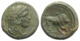 Lydia, Sardeis, c. 133 BC-AD 14. Æ (20mm, 8.45g, 12h). Menemaxos, magistrate. Head of young Herakles r., wearing lion skin. R/ Lion walking r. Cf. BMC...