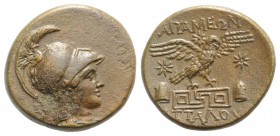 Phrygia, Apameia, c. 100-50 BC. Æ (23mm, 7.01g, 12h). Attalos and Bianoros, magistrates. Bust of Athena r., wearing high-crested Corinthian helmet. R/...