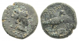 Phrygia, Prymnessos, c. 2nd-3rd century AD. Æ (14mm, 3.48g, 9h). Turreted head of Tyche r. R/ ΠPYMN[…], Eagle standing r., wings closed. SNG Copenhage...