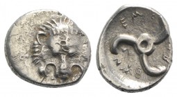Dynasts of Lycia, Trbbenimi (c. 380-370 BC). AR Tetrobol (15mm, 2.77g). Facing lion's scalp. R/ Triskeles. SNG von Aulock 4215. VF