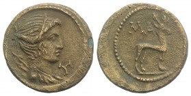 Lycian League, Masikytes, c. 27 BC-14 AD. Æ (19.5mm, 3.04g, 12h). Head of Artemis r., quiver over shoulder. R/ Stag standing r. Troxell 192; RPC I 331...