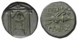 Pamphylia, Perge, c. 50-30 BC. Æ (15mm, 3.94g, 12h). Cult statue of Artemis Pergaia facing within distyle temple. R/ Bow and quiver. Colin series 7.2;...