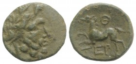Pisidia, Termessos, 1st century BC. Æ (18mm, 4.56g, 12h), year 19 (53/2 BC). Laureate head of Zeus r. R/ Horse galloping l. SNG BnF 2119-20. Green pat...