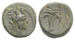 Cilicia, Hierapolis-Kastabala, 2nd-1st century BC. Æ (12mm, 2.41g, 12h). Turreted head of Tyche r. R/ Palm tree. SNG BnF –; SNG Levante 1567. Green pa...
